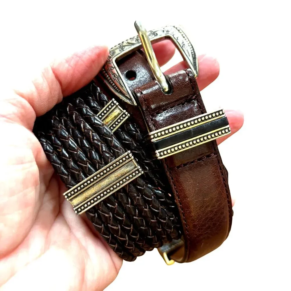 Vintage Brighton ladies dark brown braided leather belt M/L 32 silver hardware